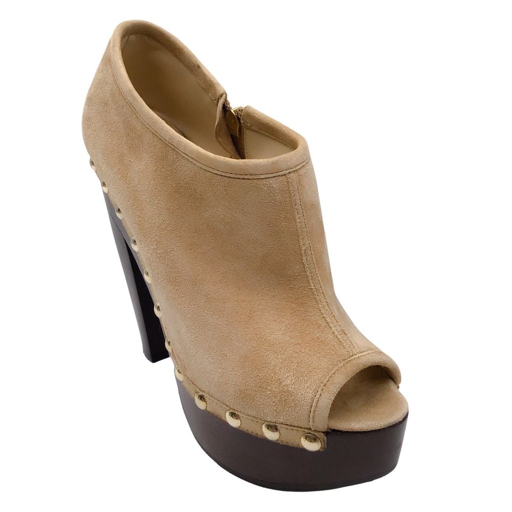 JIMMY CHOO URGE BEIGE / GOLD STUDDED SUEDE LEATHER PEEP TOE CLOG ANKLE BOOTS / B